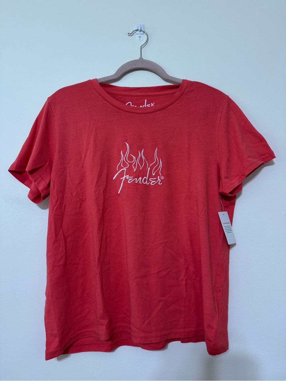 NWT Lucky Brand Fender Red Embroidered Tee with White Flame Logo